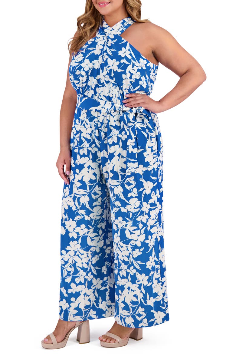 London Times Halter Neck Jumpsuit, Alternate, color, Blue/ White