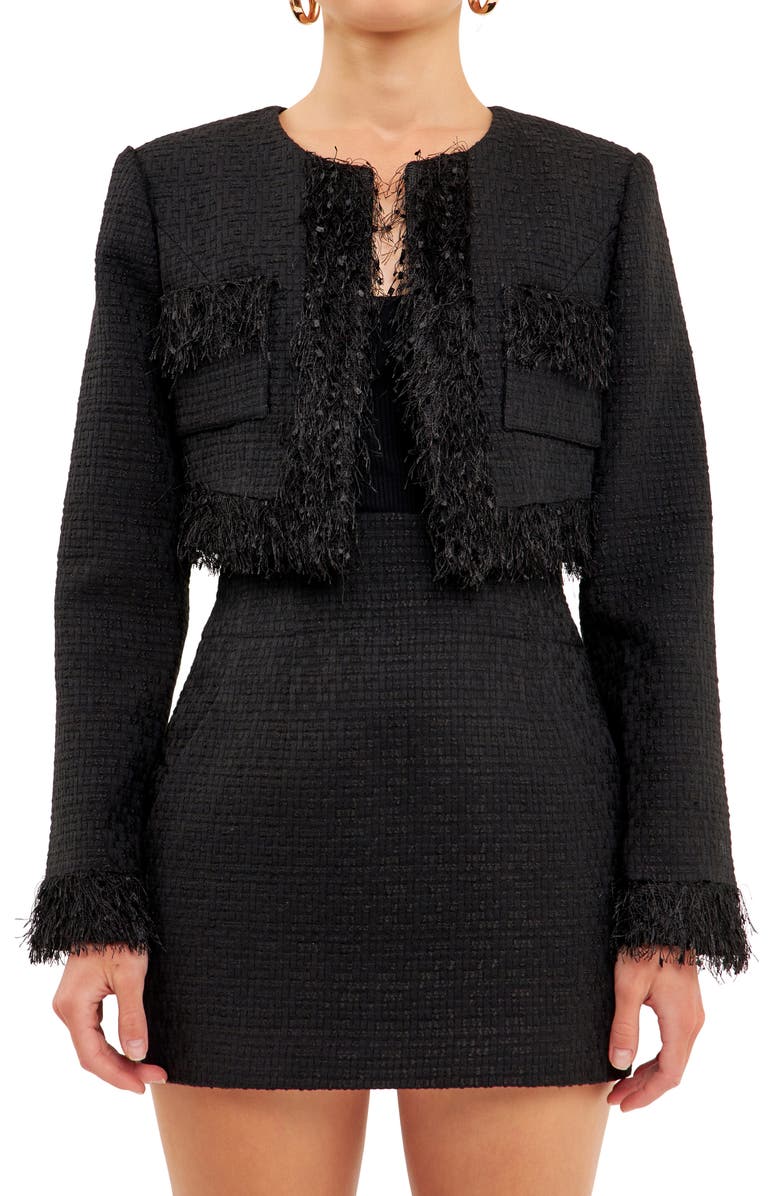 Endless Rose Feather Trim Tweed Crop Blazer, Alternate, color,