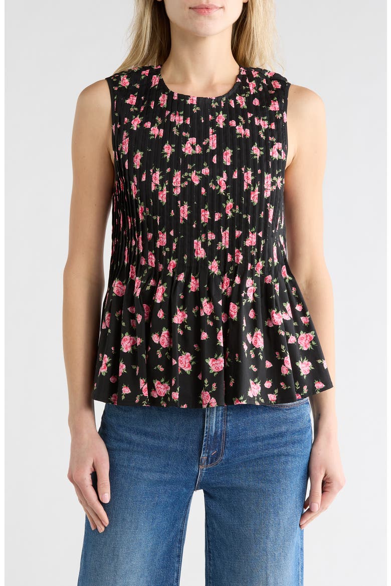 Pleated Printed Top, Main, color, BLACK ROSES