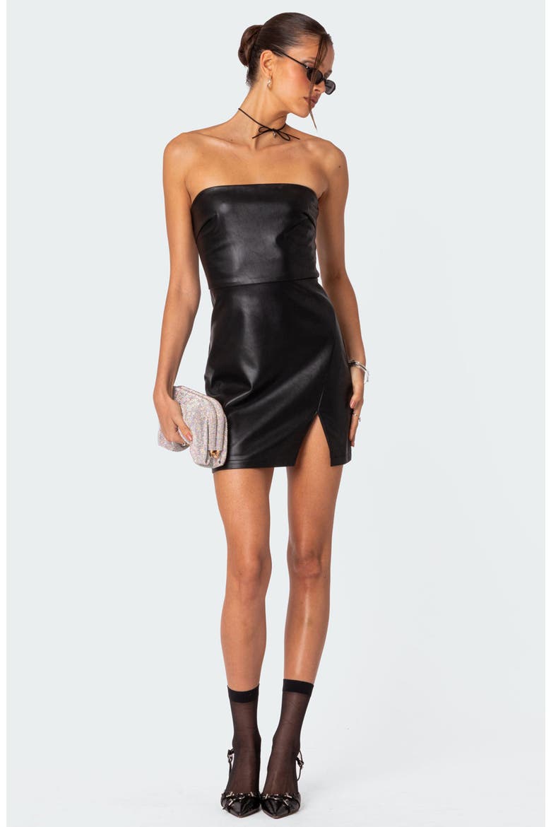 Moon Sign Strapless Faux Leather Minidress, Alternate, color, BLACK
