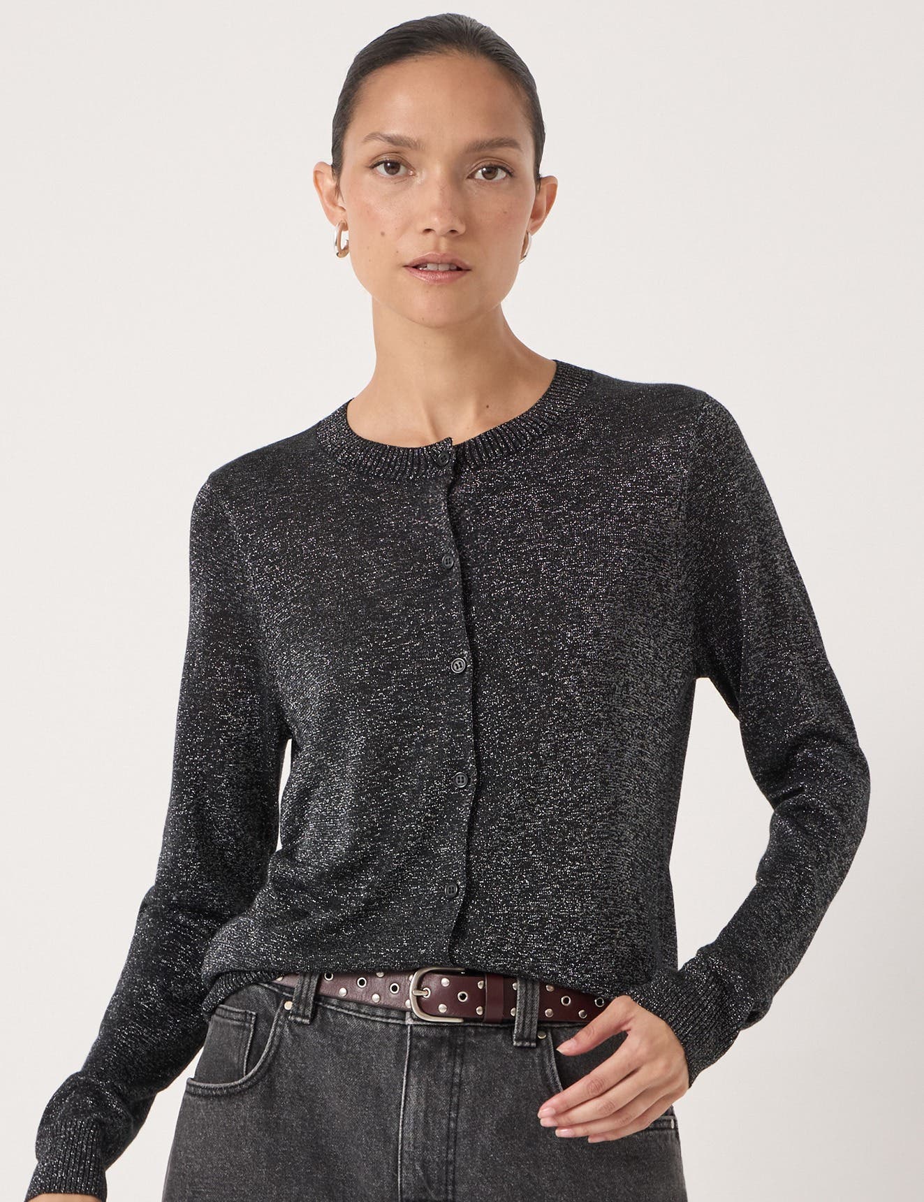 Crew Neck Slim Fit Metallic Cardigan