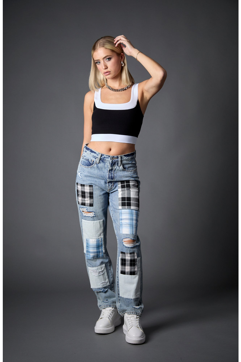 Plaid Patchwork Straight Leg Jeans, Alternate, color, Ibiza Patchwork