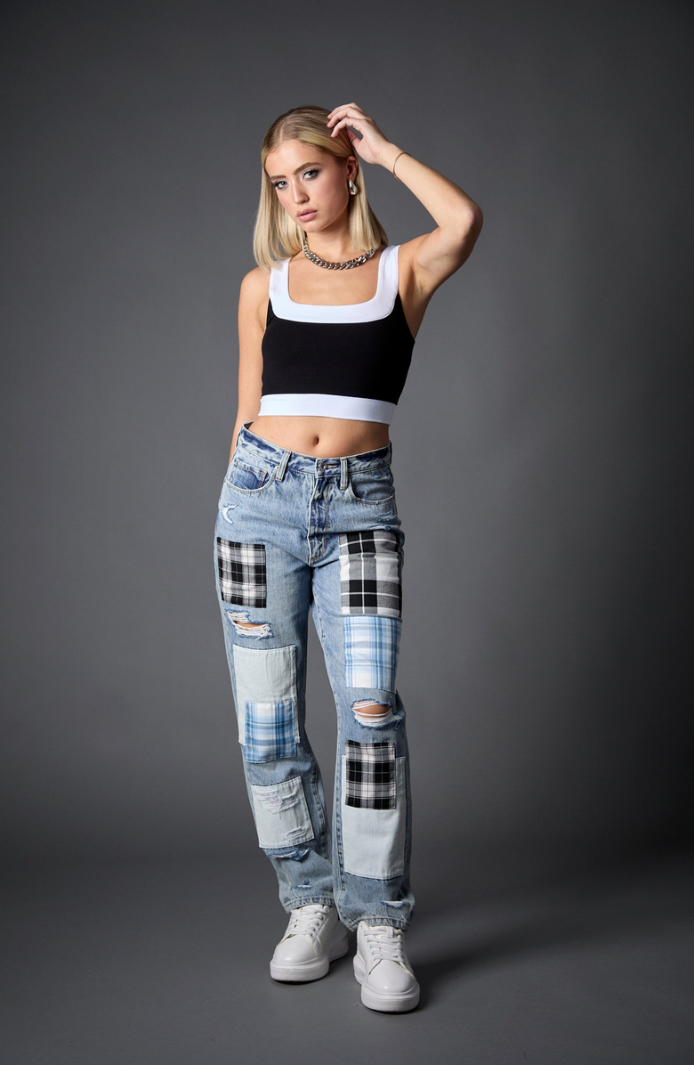 BLUE REVIVAL Plaid Patchwork Straight Leg Jeans, Alternate, color, Ibiza Patchwork