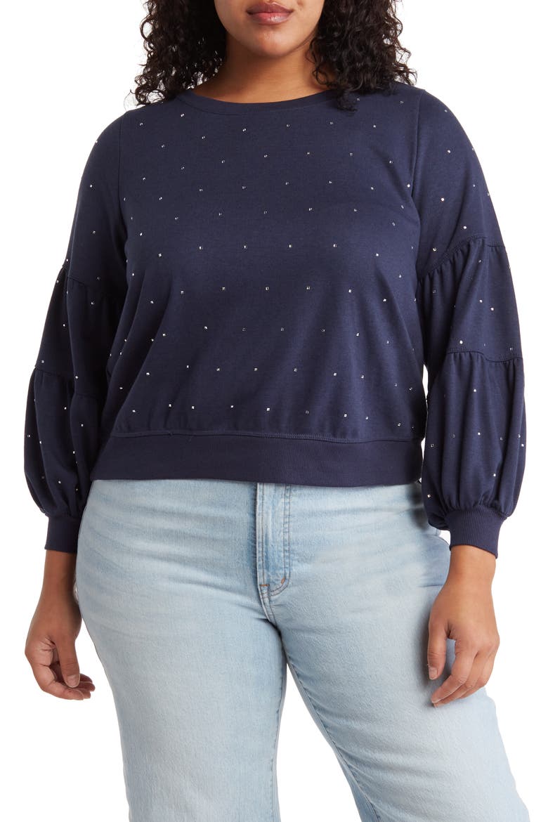 Rhinestone Embellished Balloon Sleeve Sweatshirt (Nordstrom Exclusive), Main, color, CARBON BLUE