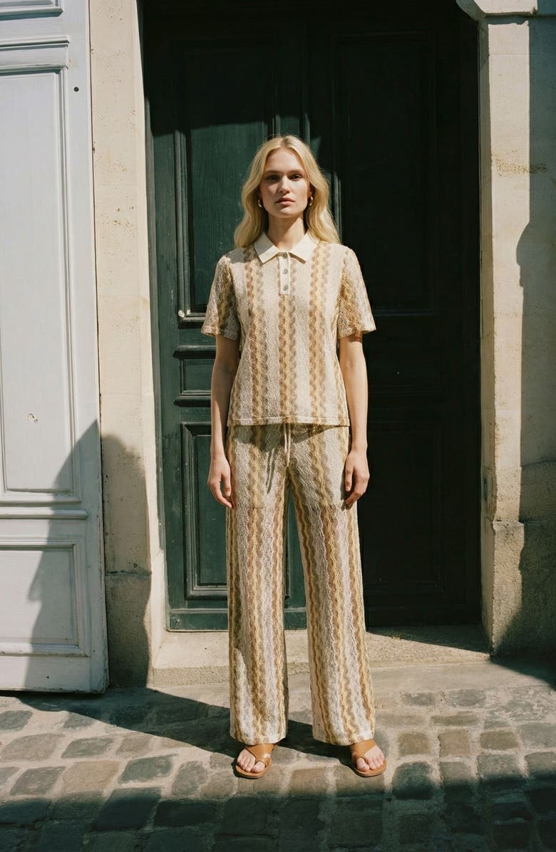 VERO MODA Teresa Chevron Openwork Knit Polo Top, Alternate, color, Birch Pattern Silver Mink Gold