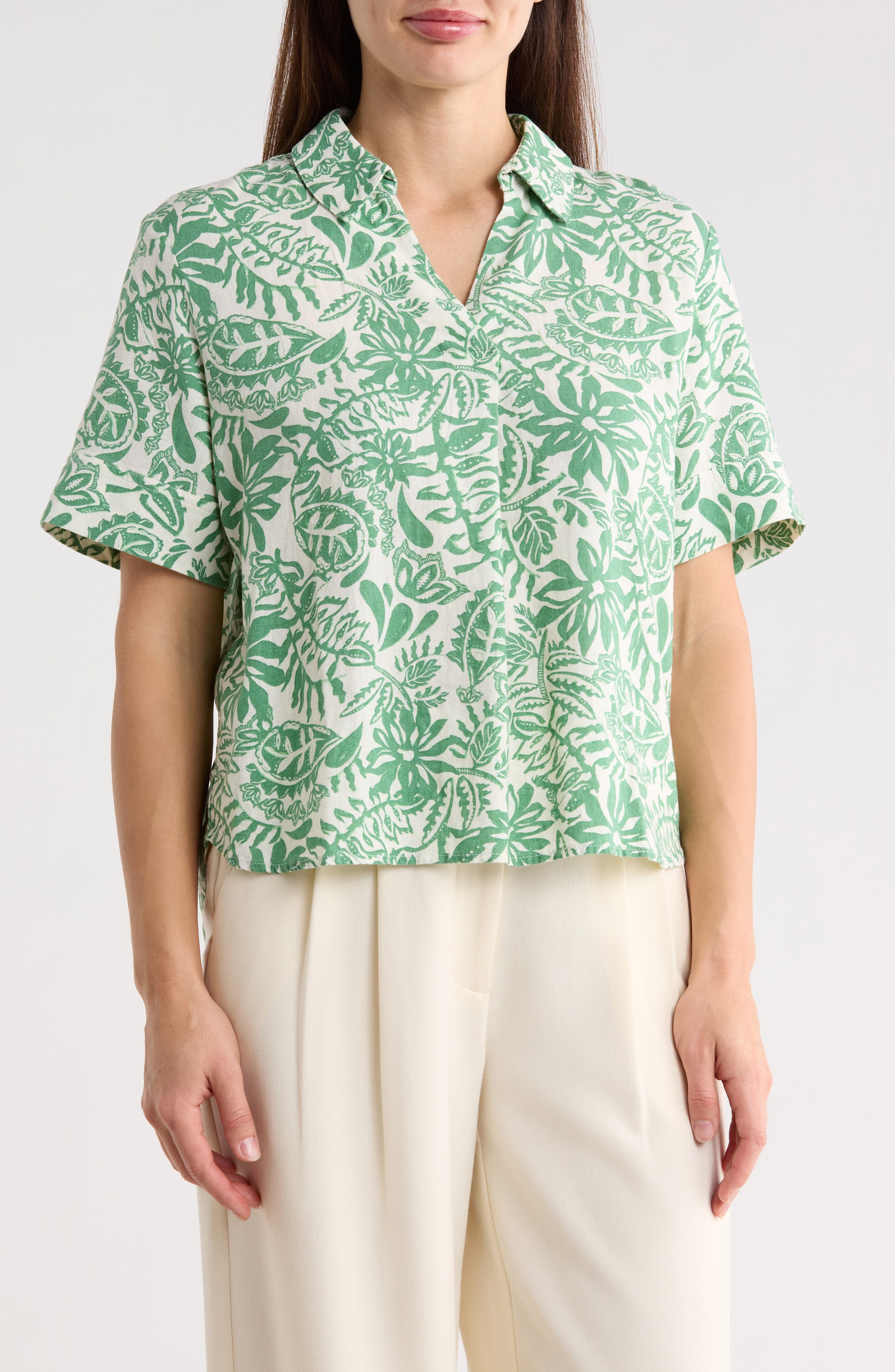 Caslon® Floral Linen Blend Popover Top