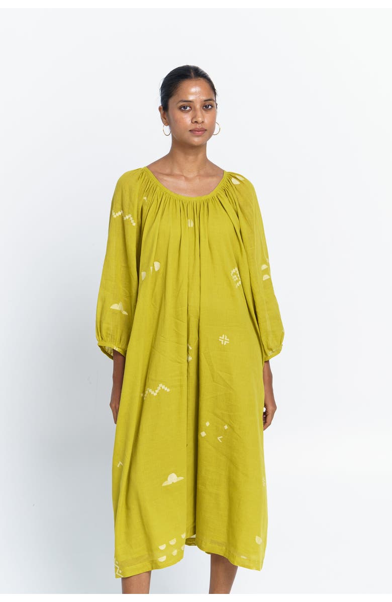 World of Crow Ochre Scoop Neck Gathered Dress, Main, color, 