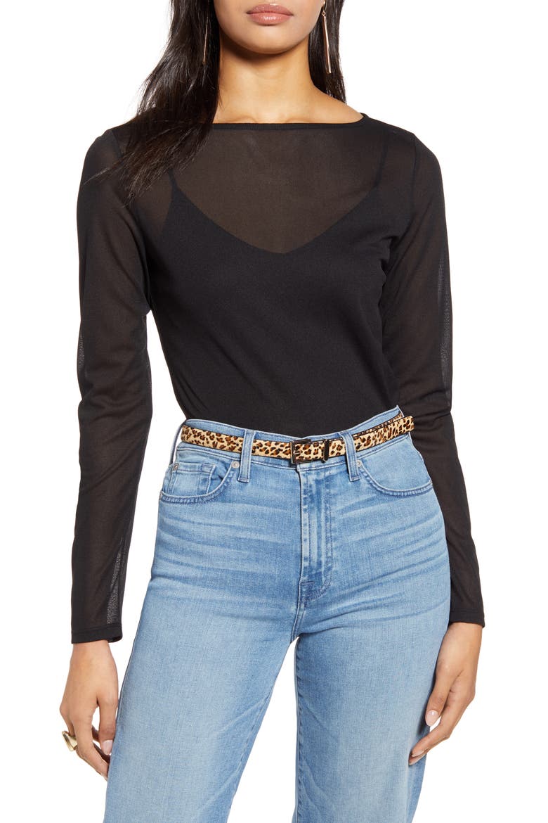 Bateau Neck Mesh Top, Main, color, BLACK