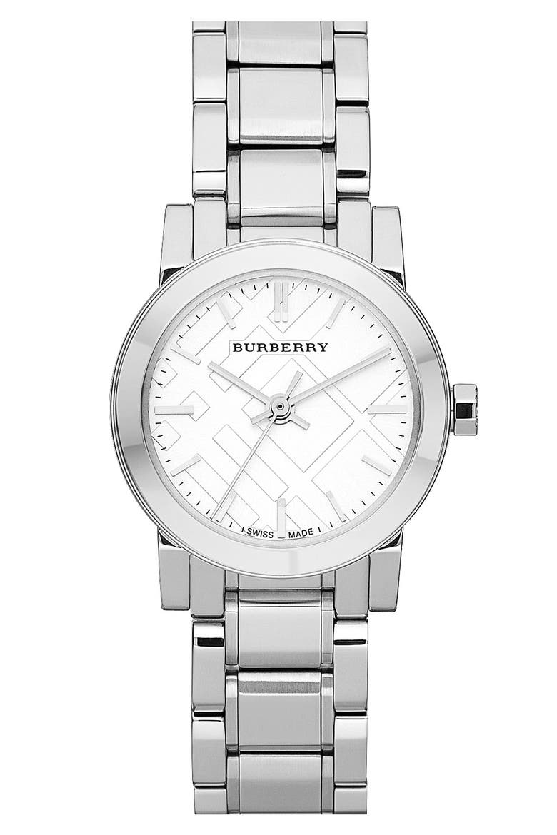 Small Check Stamped Bracelet Watch, 26mm, Main, color, SILVER