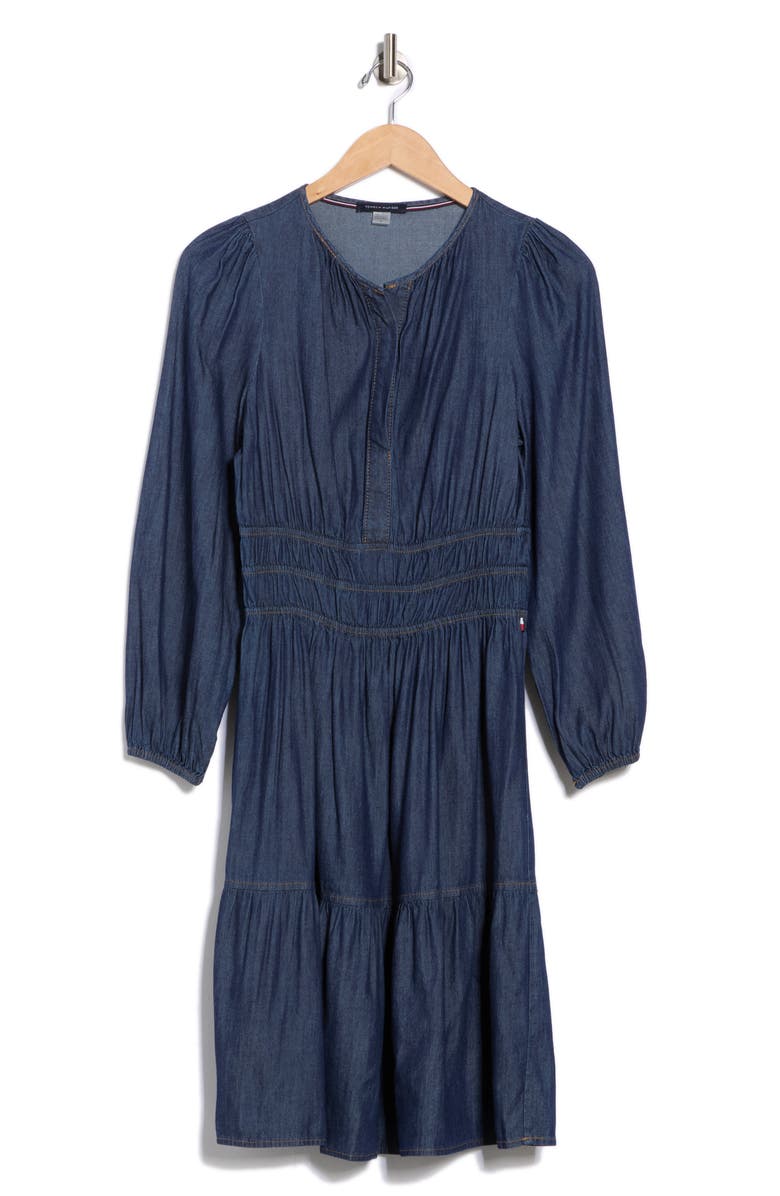 Tommy Hilfiger Long Sleeve Fit & Flare Chambray Dress, Alternate, color, Dark Wash
