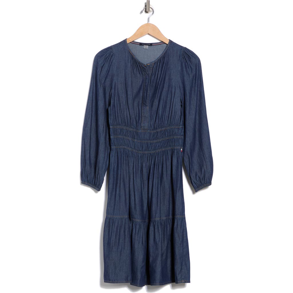 Tommy Hilfiger Long Sleeve Fit & Flare Chambray Dress In Blue