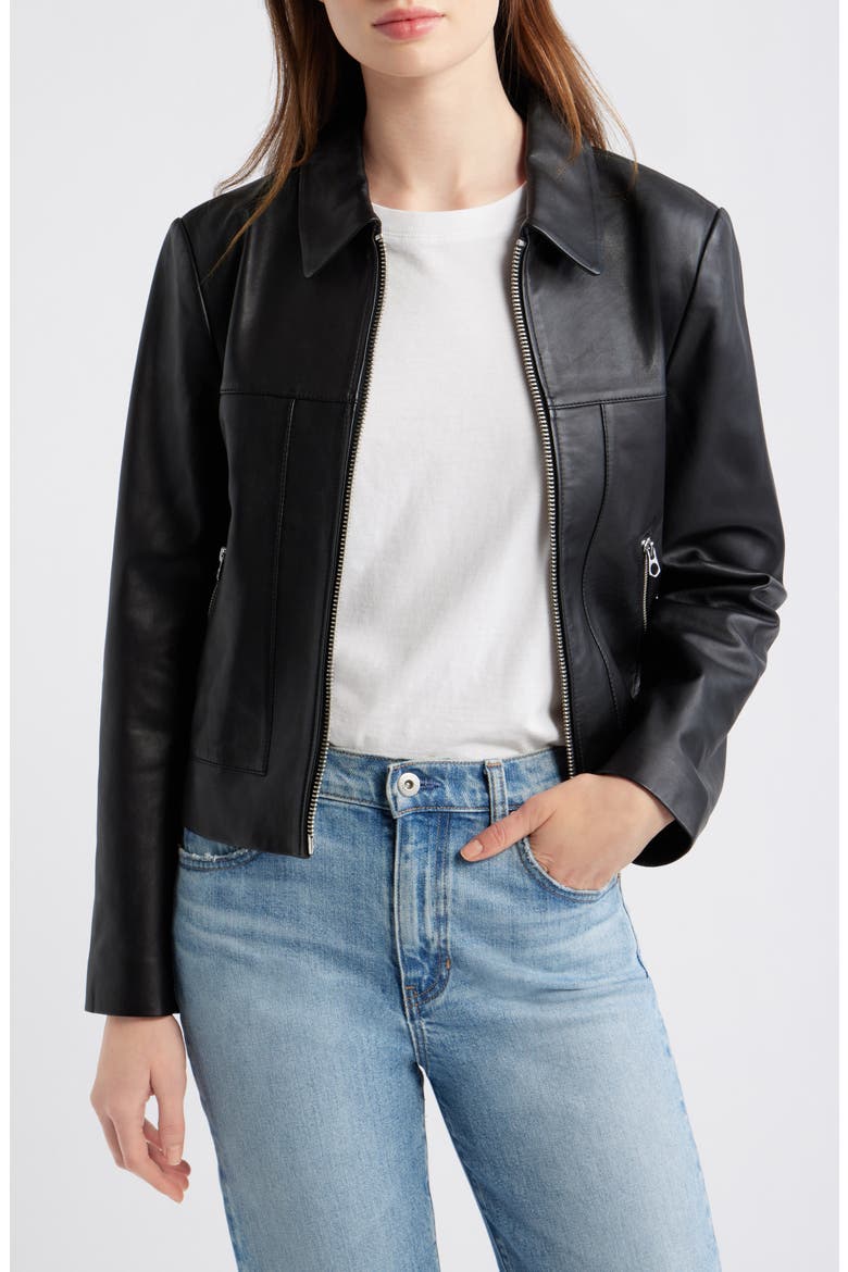Shrunken Leather Zip Jacket, Main, color, TRUE BLACK