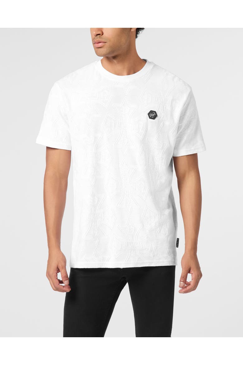 Round Neck Jacquard T-Shirt Crest Men, Main, color, white