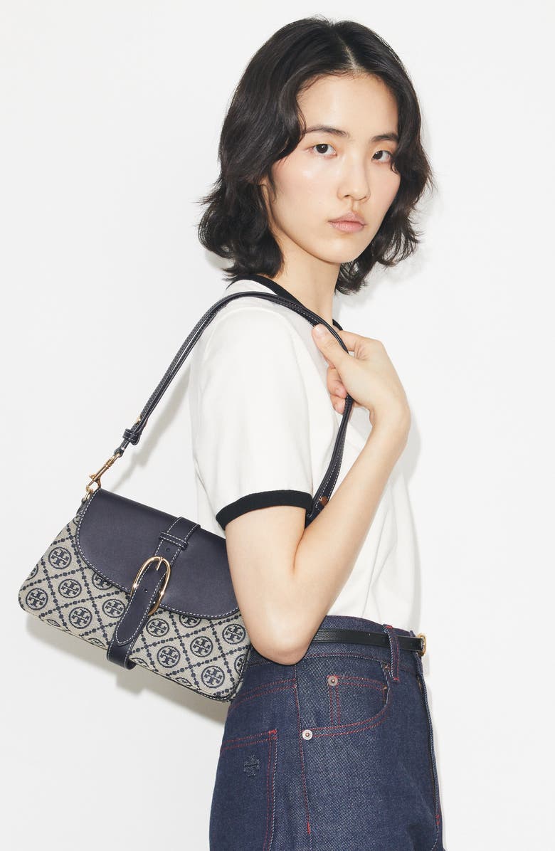 Tory Burch T Monogram Soft Jacquard & Leather Shoulder Bag, Alternate, color, Tory Navy