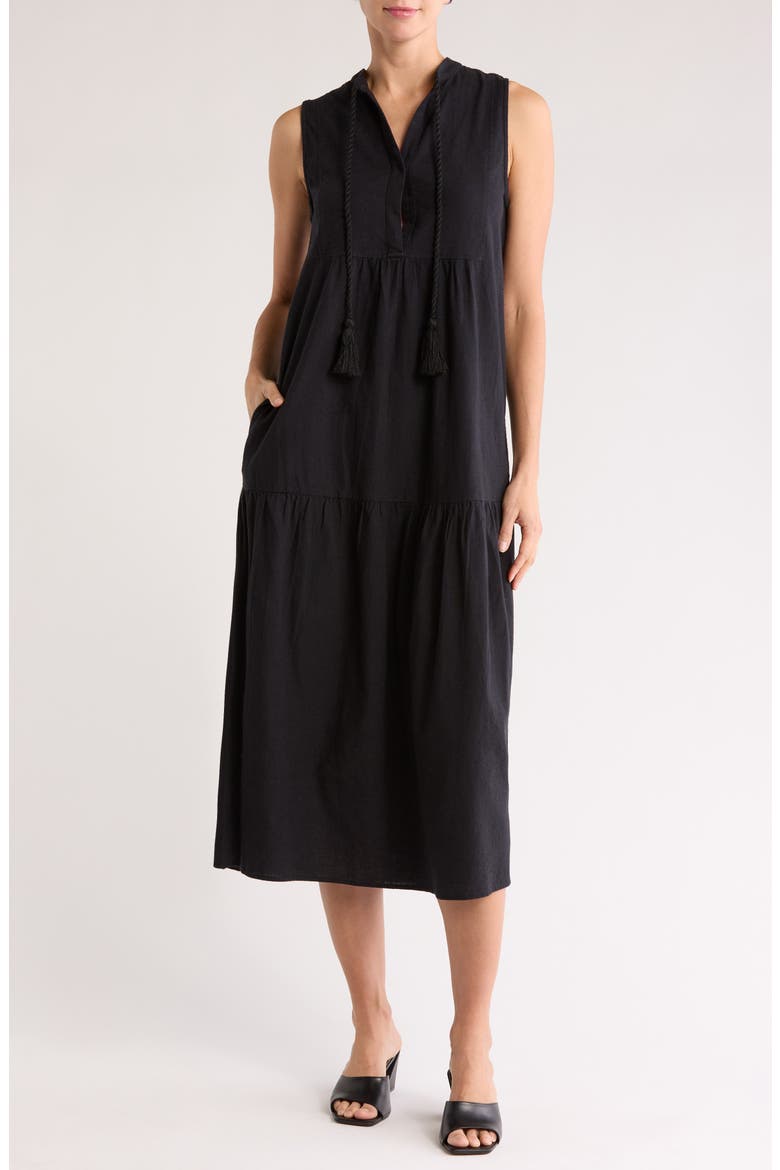 Tiered Cotton & Linen Cover-Up Dress, Main, color, BLACK
