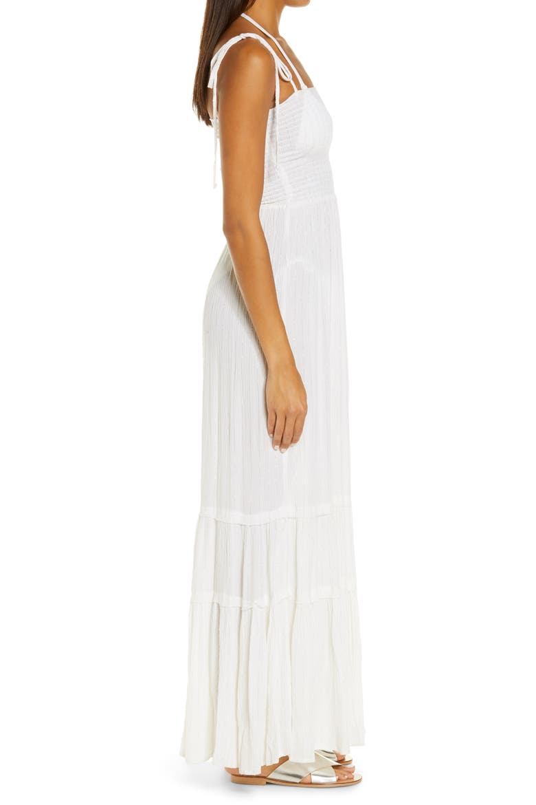 Smocked Tie Strap Tiered Cover-Up Dress, Alternate, color, WHITE