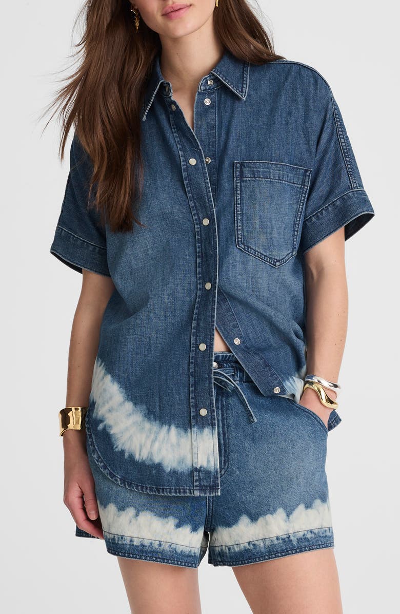 Madewell Shibori Short Sleeve Denim Shirt, Main, color, Shibori Wash