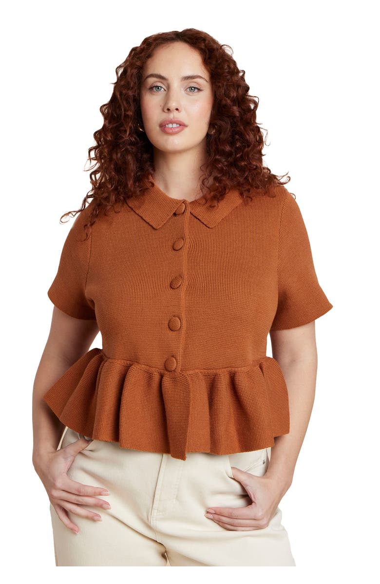 ELOQUII Short Sleeve Cardigan With Peplum, Main, color, Rustic Brown
