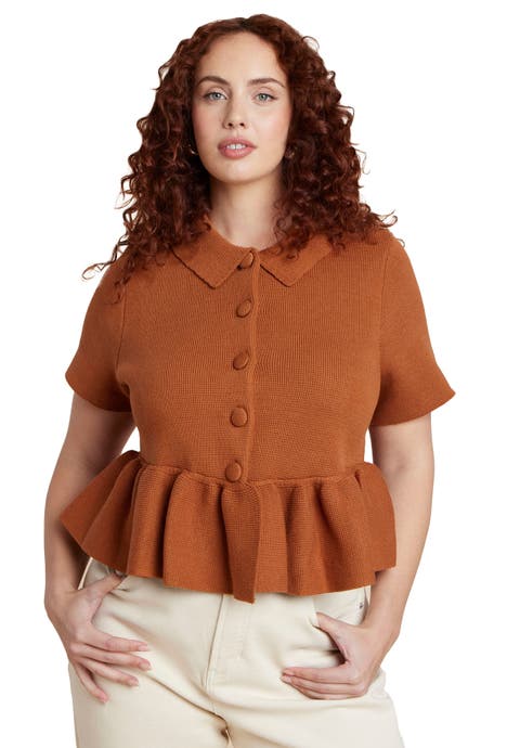 Short Sleeve Cardigan With Peplum (Plus)