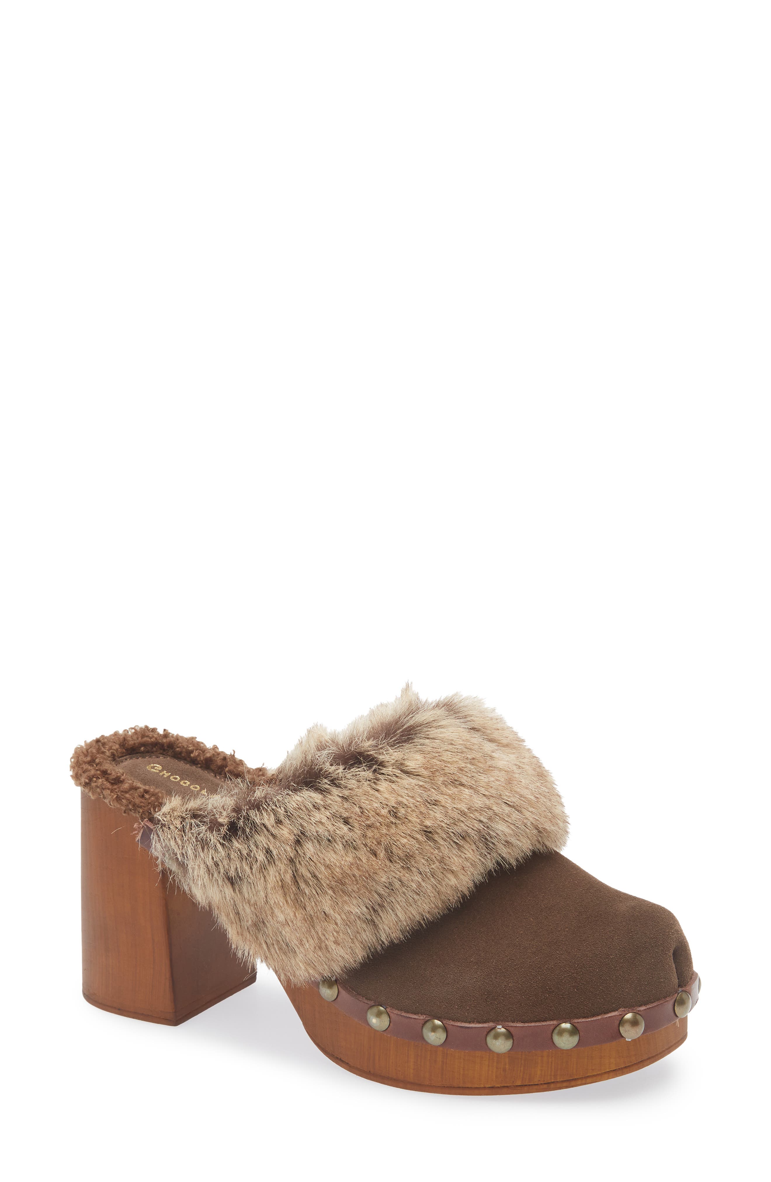 Chocolat Blu Fadia Faux SHearling Mule, Main, color, Dark Brown Suede