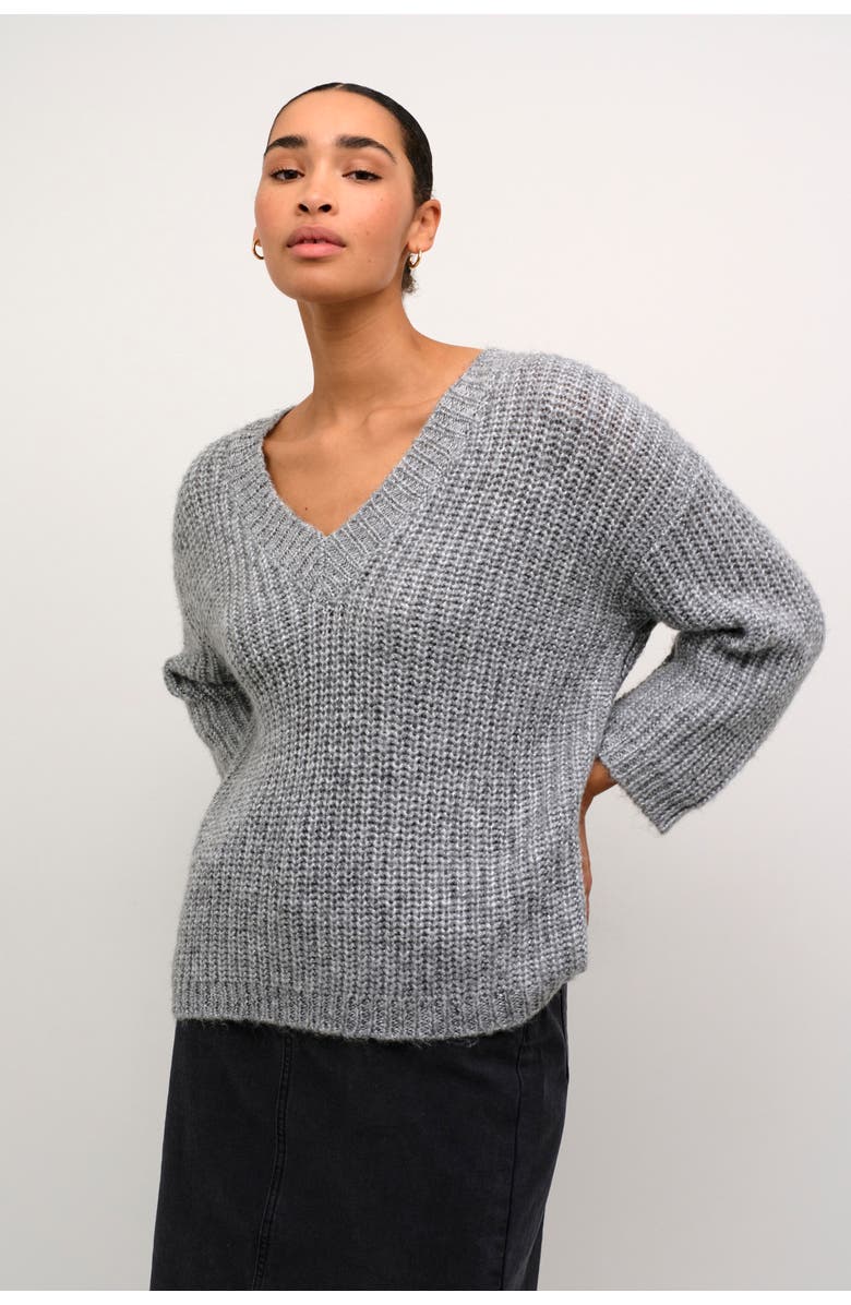 Kaffe Kavinda V-Neck 3/4 Sleeves Pullover, Main, color, Grey Silver Metallic