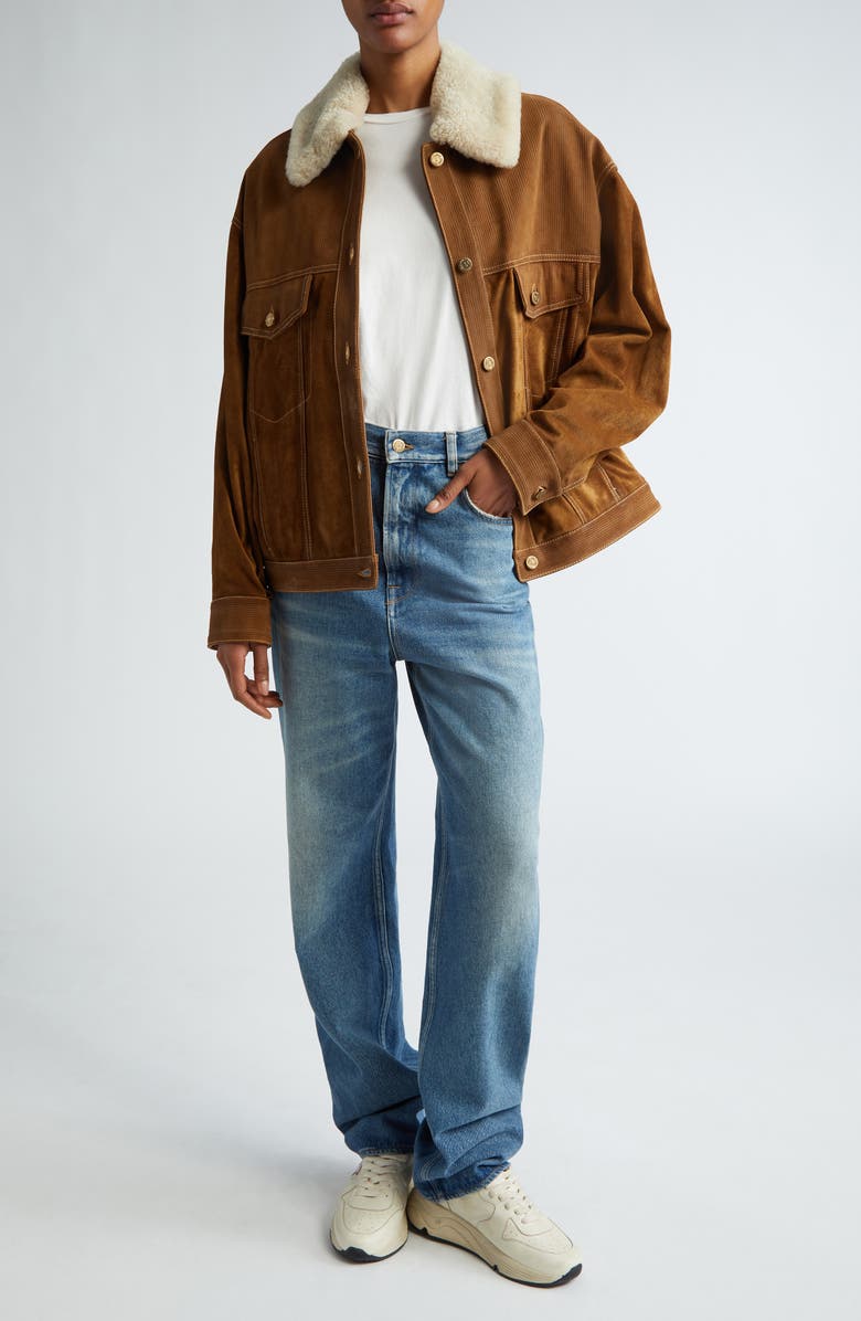 Golden Goose Journey Leather Trucker Jacket with Removable Genuine Shearling Collar, Alternate, color, 