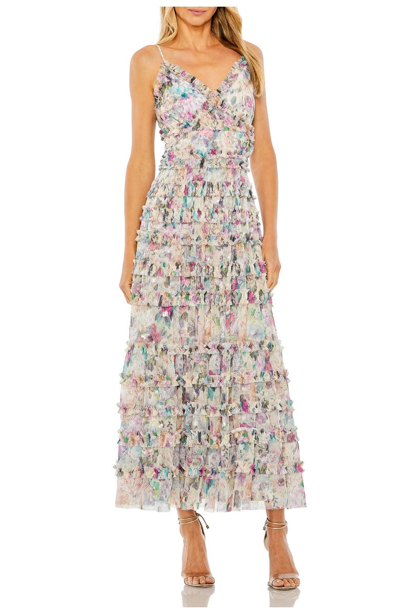 Mac Duggal Sleeveless Floral V-Neck Sequin Detail Ruffle Dress, Main, color, Nude Multi