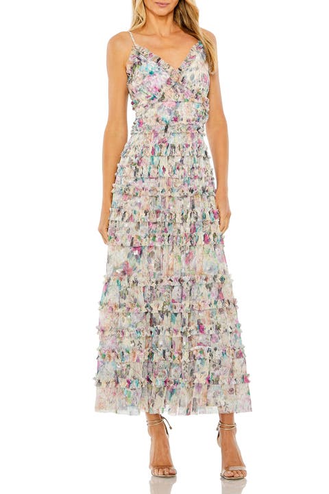 Sleeveless Floral V-Neck Sequin Detail Ruffle Dress