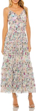 Mac Duggal Sleeveless Floral V-Neck Sequin Detail Ruffle Dress