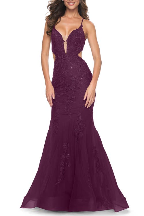 La Femme Lace And Tulle Mermaid Gown With Side Cut Outs In Dark Berry