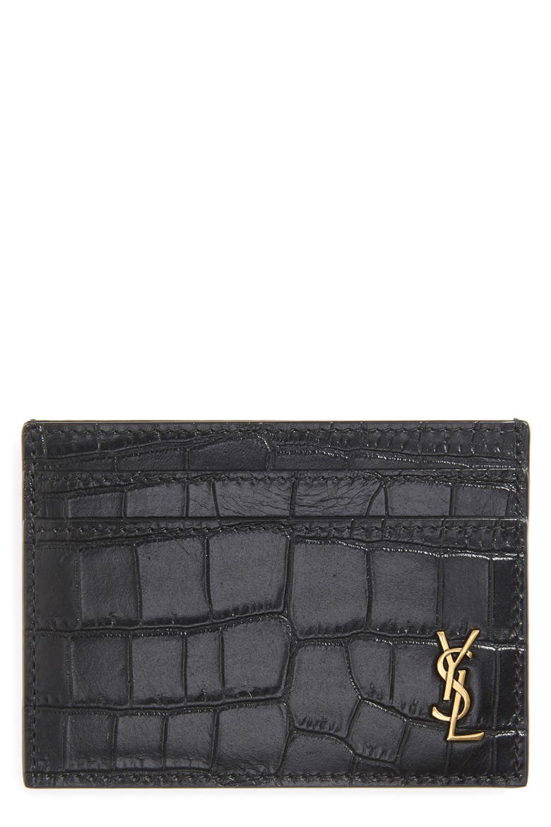 YSL Monogram Croc Embossed Leather Card Case, Main, color, BLACK