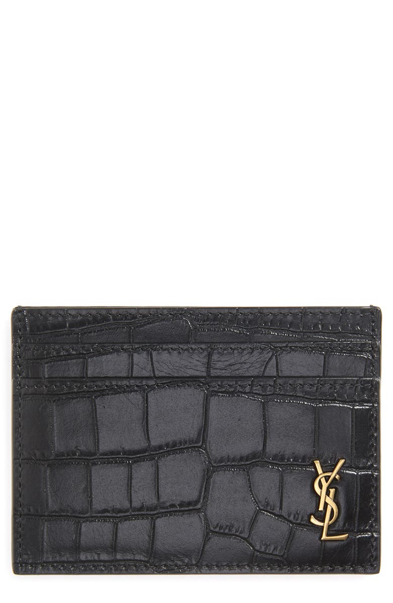Saint Laurent YSL Monogram Croc Embossed Leather Card Case, Main, color, 