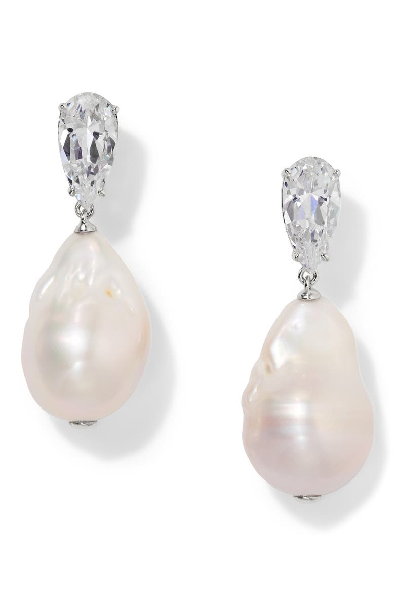 London Baroque Pearl Drop Earrings, Main, color, RHODIUM