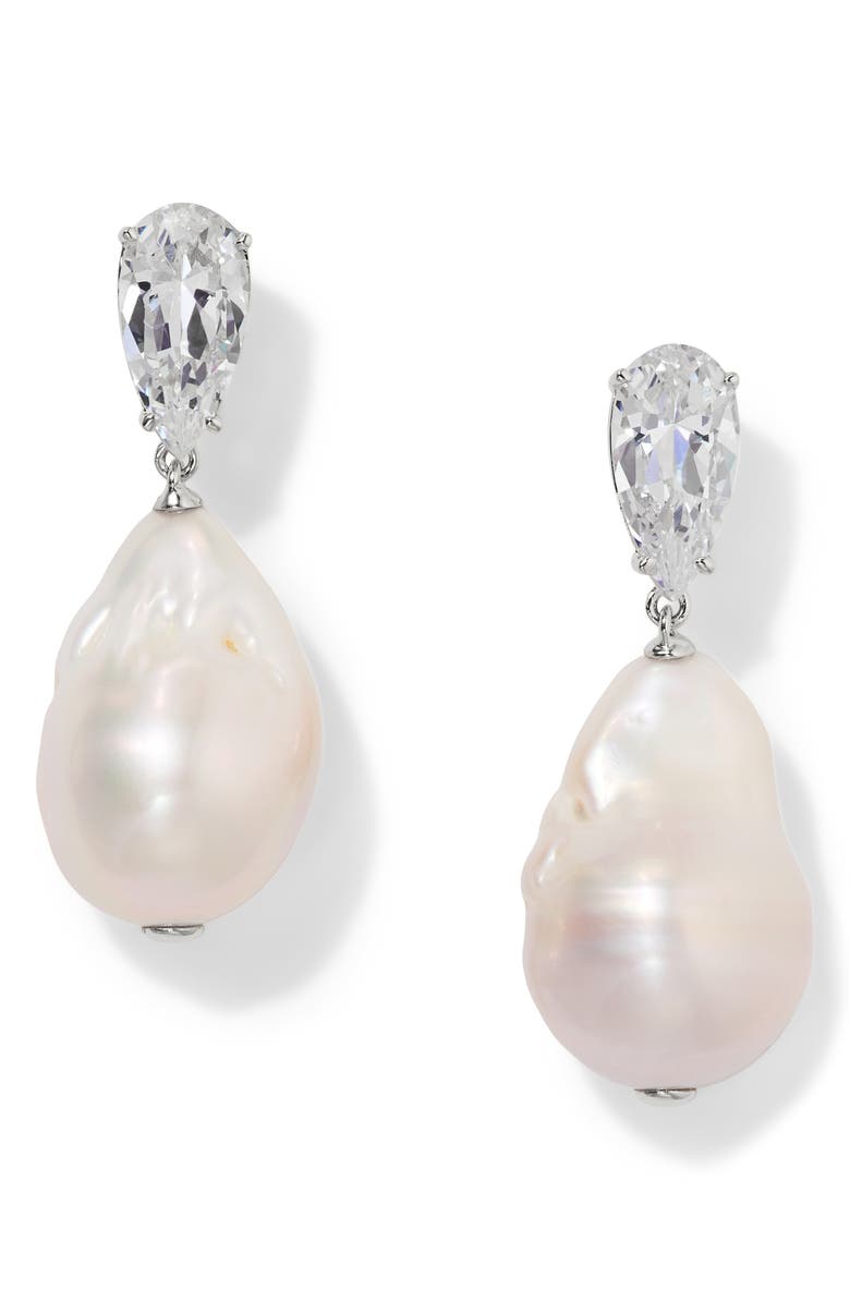 Nadri London Baroque Pearl Drop Earrings, Main, color, Rhodium
