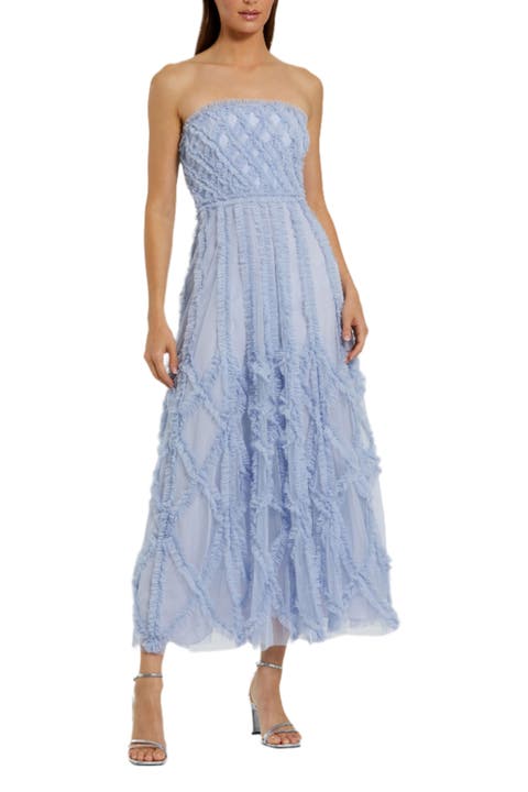 Solid Mesh Dotted Ruffle Strapless Dress