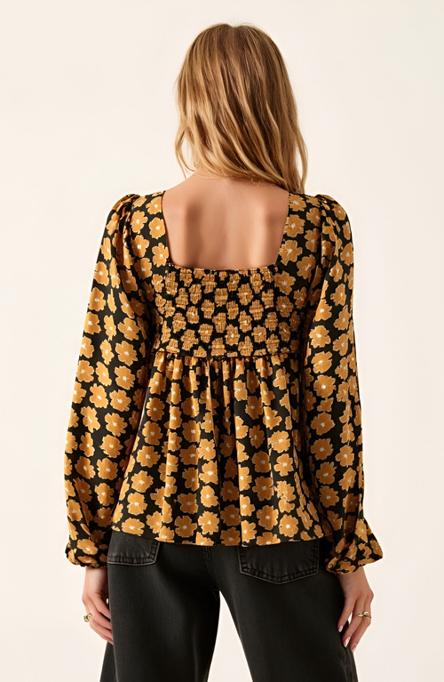 Modenaire Floral Print Smocked Bodice Long Sleeve Top With Square Neckline In Brown