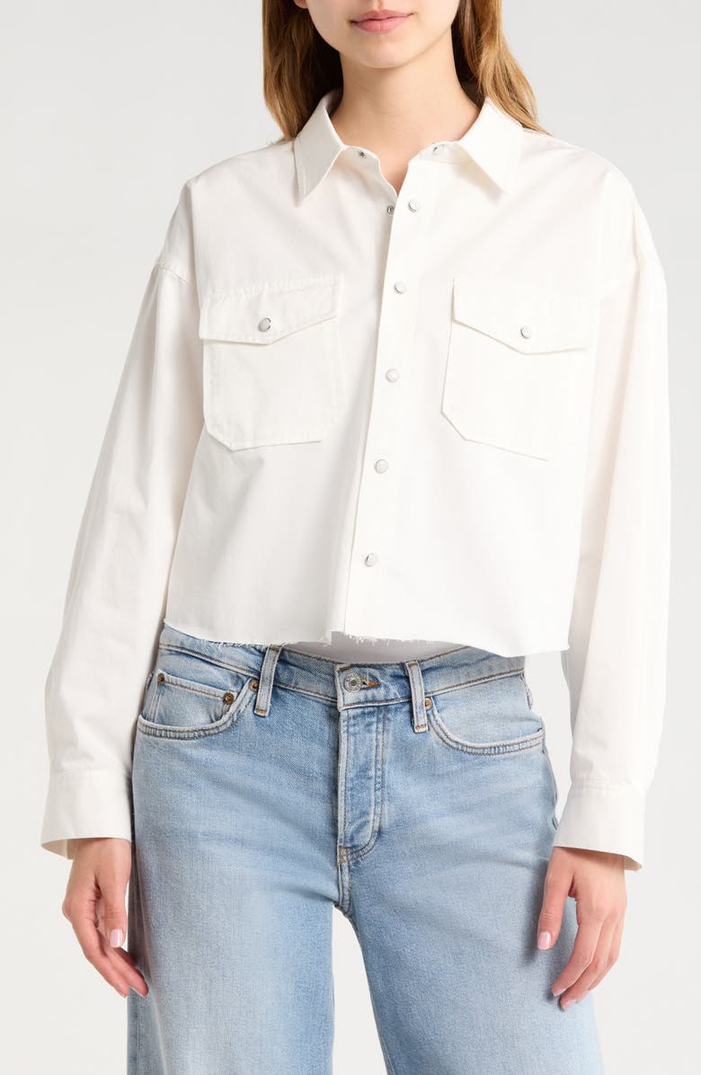 Re/Done Camper Raw Hem Crop Snap-Up Twill Shirt, Alternate, color, Blanco