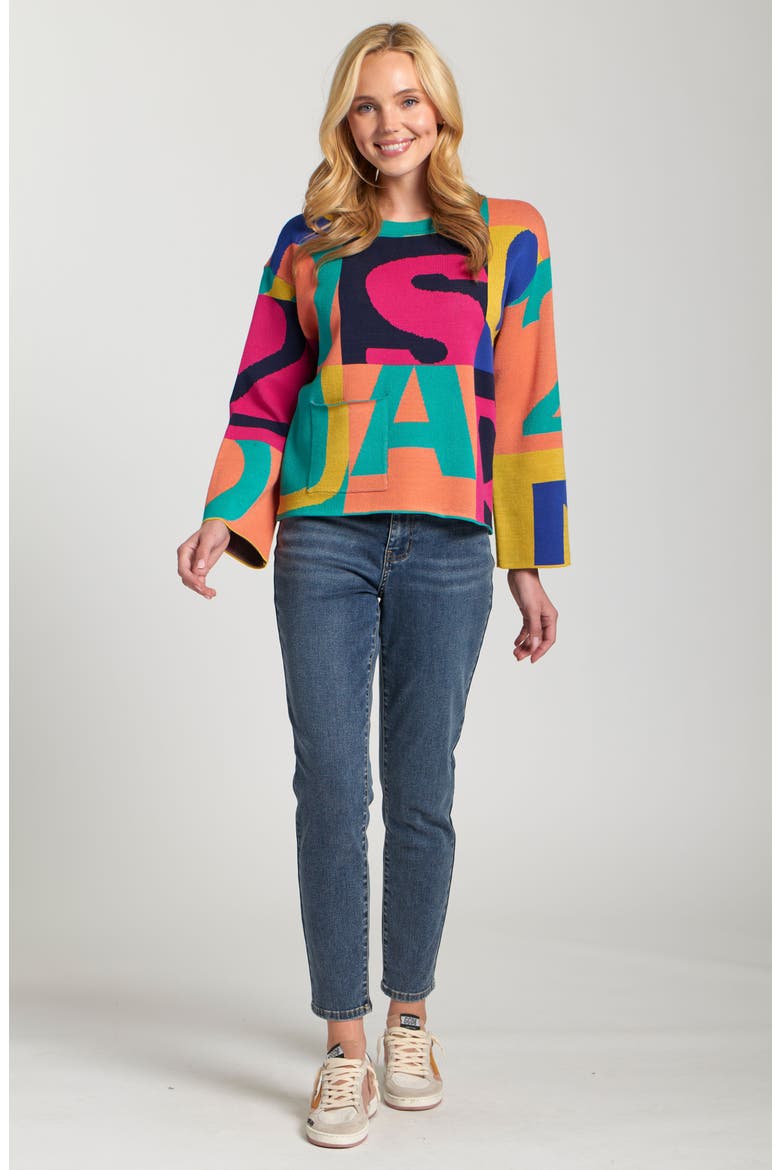 Graphic Graffiti Sweater, Alternate, color, ORANGE/ TURQUOISE MULTI