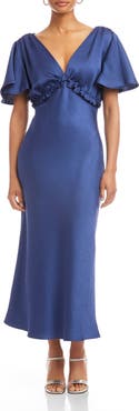 FIFTEEN TWENTY Shailene Satin Flutter Sleeve Midi Dress