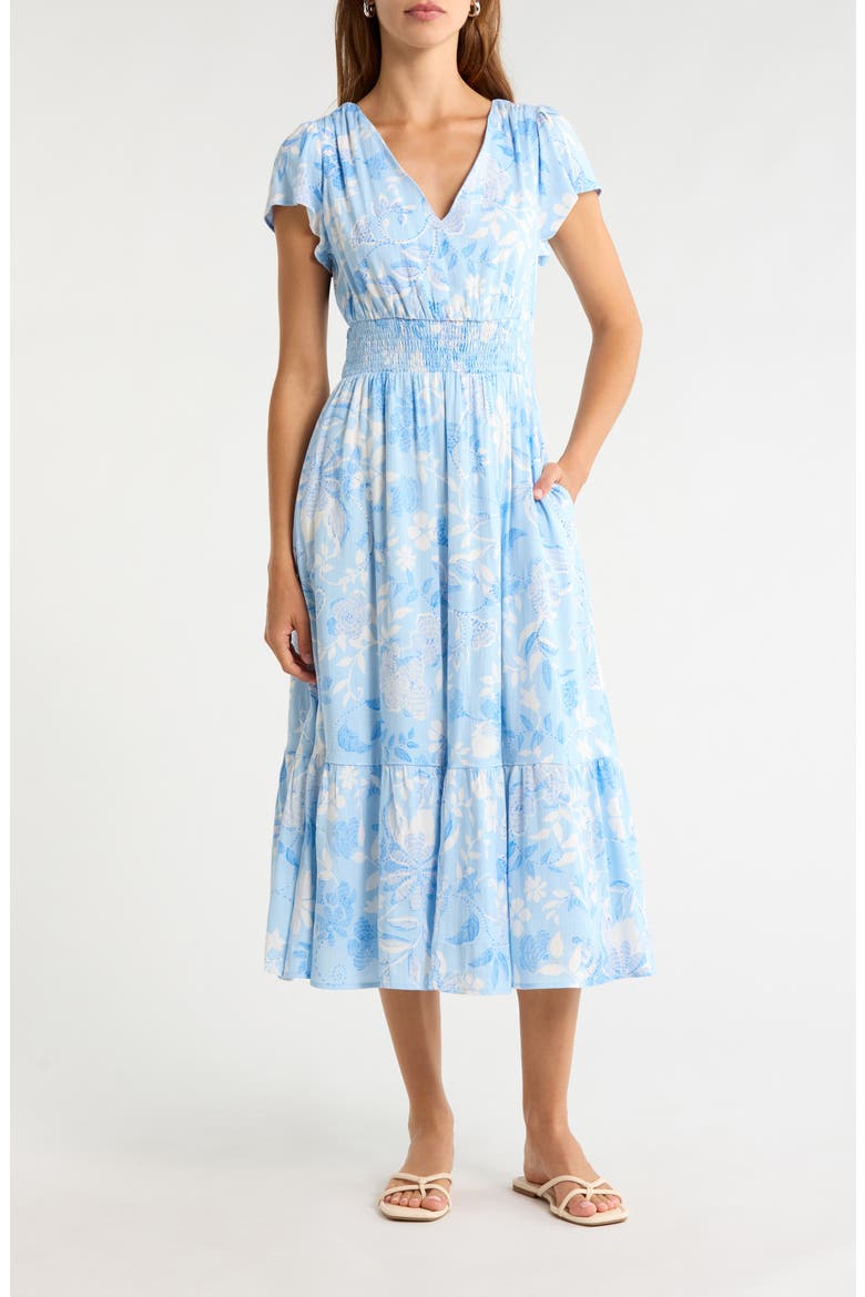 Seraphina Floral Print Ruffle Hem Maxi Dress, Main, color, BLUE/ WHITE MULTI
