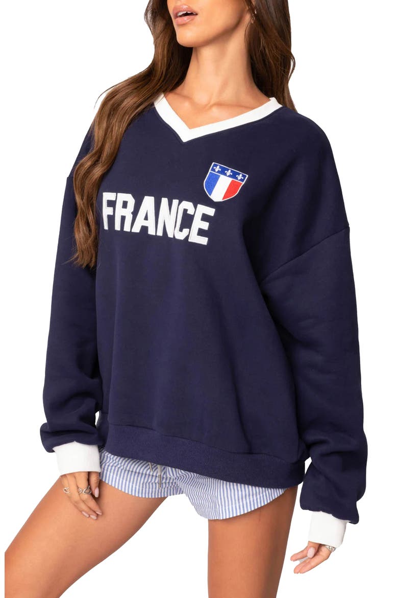 France Oversize V-Neck Sweatshirt, Alternate, color, NAVY
