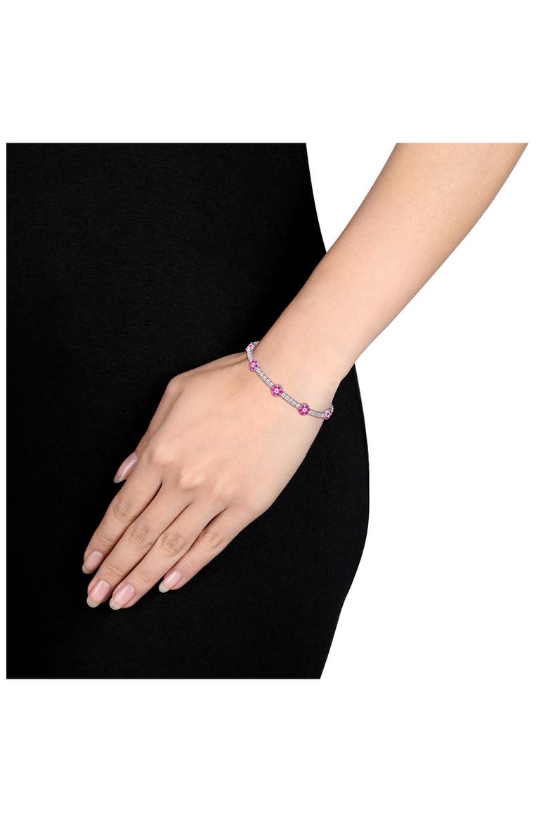Sterling Silver Lab Created Ruby Flower Line Bracelet, Alternate, color, RED