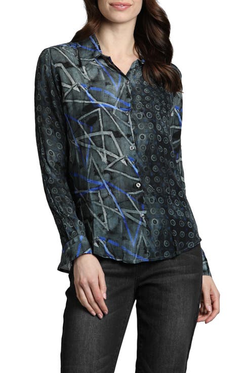 Abstract Print Roll Tab Sleeve Chiffon Button-Up Shirt