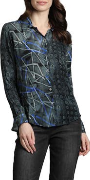 APNY Abstract Print Roll Tab Sleeve Chiffon Button-Up Shirt