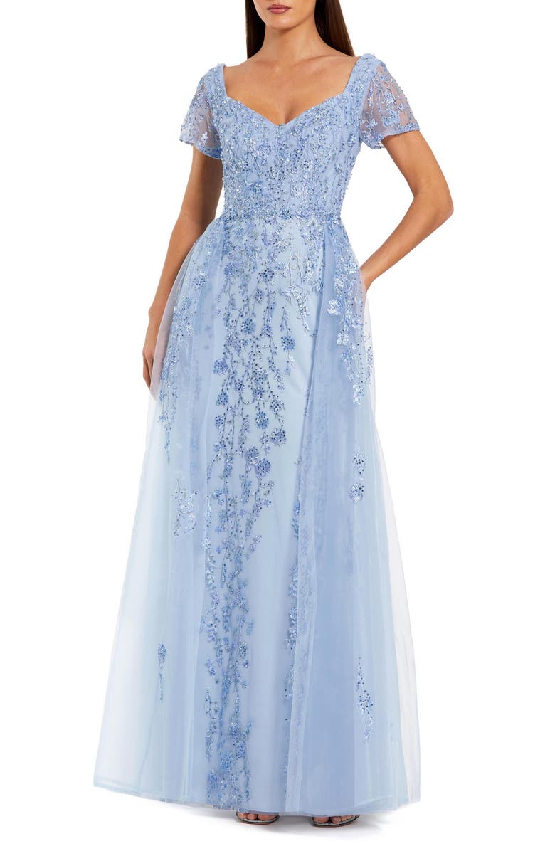 Mac Duggal Beaded Embroidered Overskirt Cap Sleeve Gown, Main, color, Powder Blue