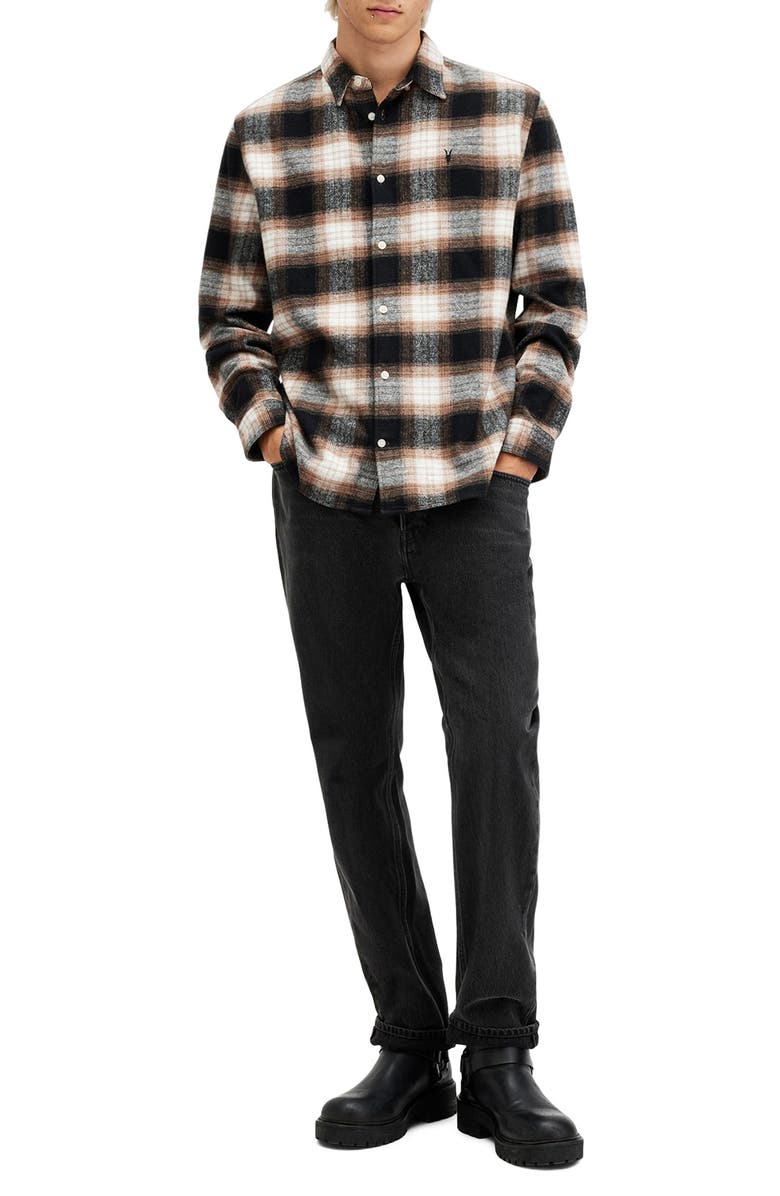 AllSaints Mercy Plaid Cotton Flannel Button-Up Shirt, Alternate, color, Rusty Orange/Black/White