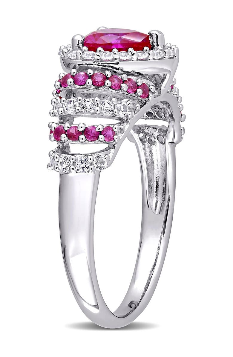 DELMAR Rhodium Plated Heart Shape Created Ruby & Created White Sapphire Ring & Pearl Earrings Set, Alternate, color, Red