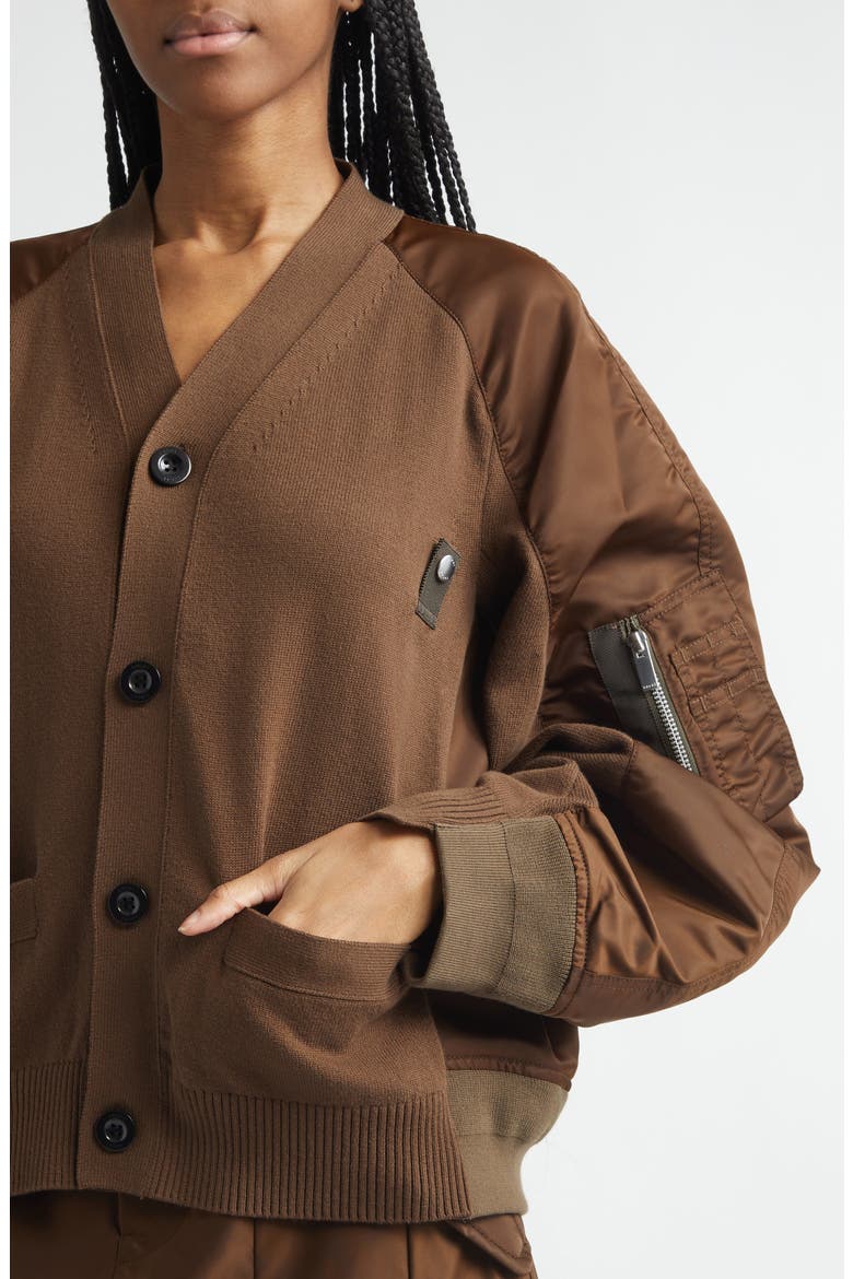 Mixed Media Knit & Nylon Twill Cardigan, Alternate, color, BROWN
