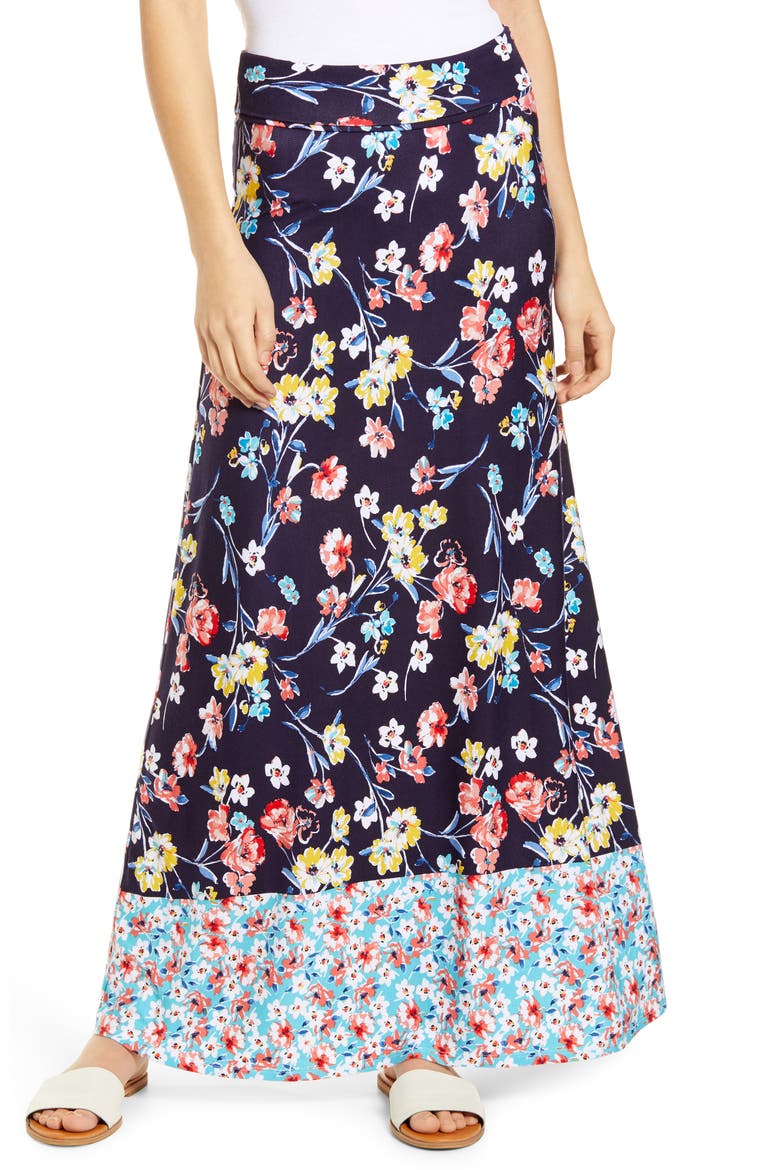 Border Print Roll Top Maxi Skirt, Main, color, NAVY AQUA