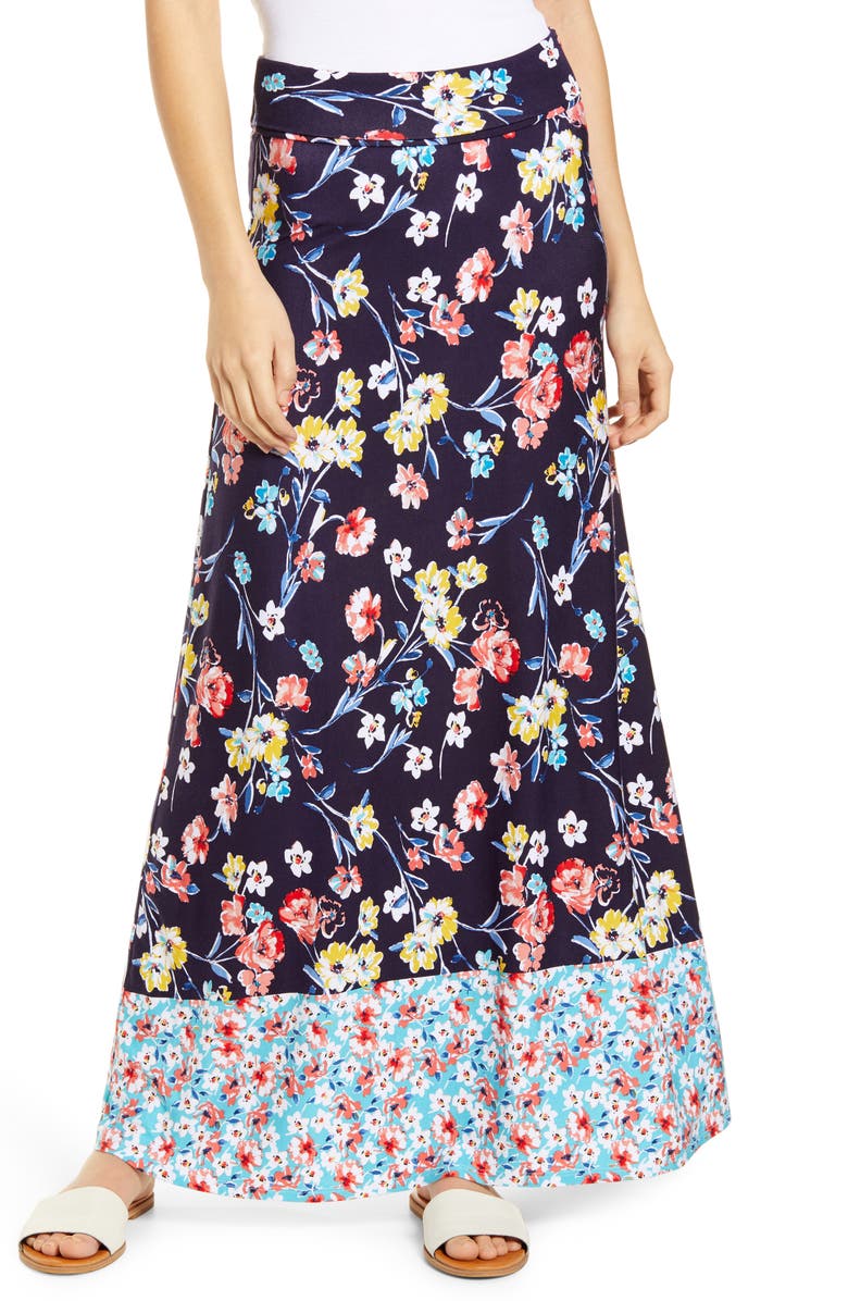 Loveappella Border Print Roll Top Maxi Skirt, Main, color, Navy Aqua